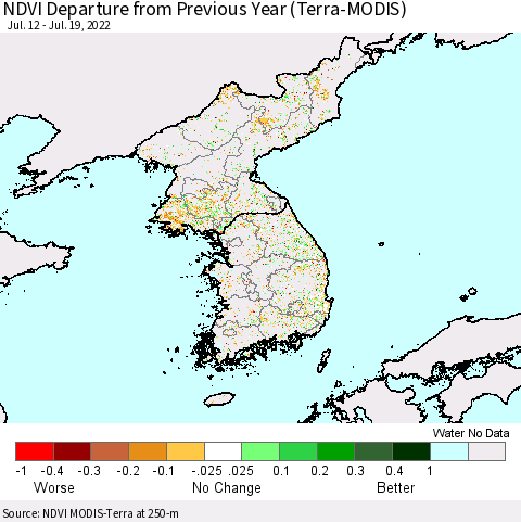 Korea NDVI Departure from Previous Year (Terra-MODIS) Thematic Map For 7/12/2022 - 7/19/2022