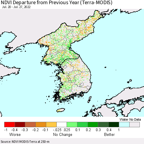 Korea NDVI Departure from Previous Year (Terra-MODIS) Thematic Map For 7/20/2022 - 7/27/2022