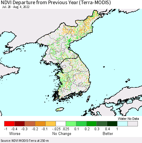 Korea NDVI Departure from Previous Year (Terra-MODIS) Thematic Map For 7/28/2022 - 8/4/2022