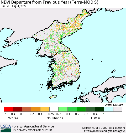 Korea NDVI Departure from Previous Year (Terra-MODIS) Thematic Map For 8/1/2022 - 8/10/2022