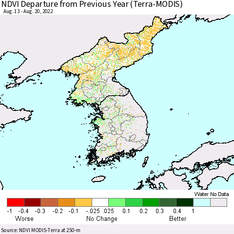 Korea NDVI Departure from Previous Year (Terra-MODIS) Thematic Map For 8/11/2022 - 8/20/2022