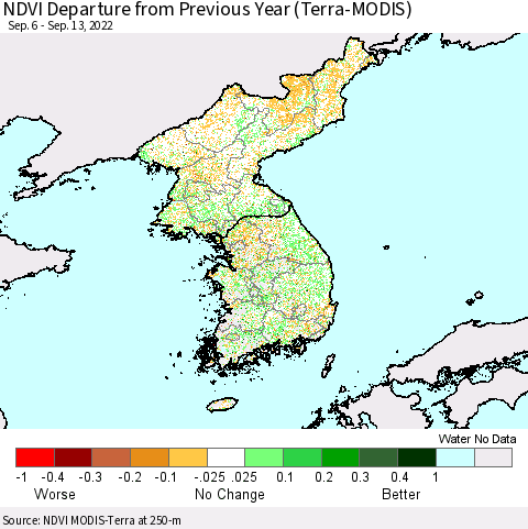 Korea NDVI Departure from Previous Year (Terra-MODIS) Thematic Map For 9/6/2022 - 9/13/2022