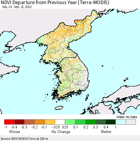 Korea NDVI Departure from Previous Year (Terra-MODIS) Thematic Map For 9/14/2022 - 9/21/2022