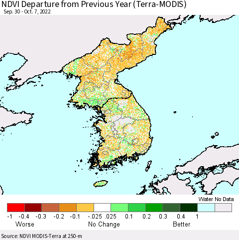 Korea NDVI Departure from Previous Year (Terra-MODIS) Thematic Map For 9/30/2022 - 10/7/2022