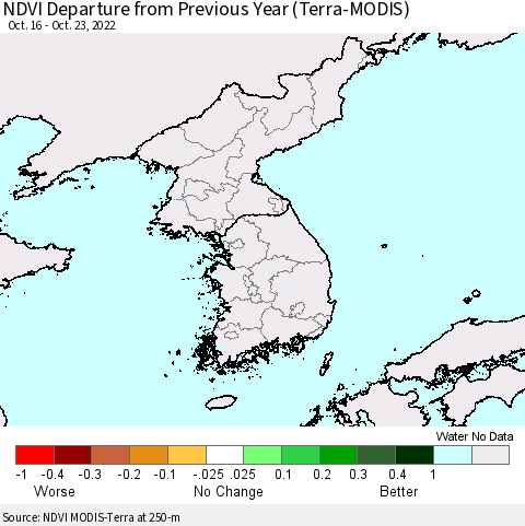 Korea NDVI Departure from Previous Year (Terra-MODIS) Thematic Map For 10/16/2022 - 10/23/2022