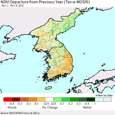 Korea NDVI Departure from Previous Year (Terra-MODIS) Thematic Map For 11/1/2022 - 11/8/2022