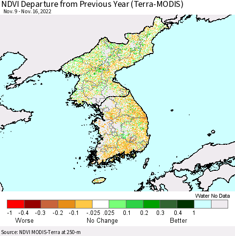 Korea NDVI Departure from Previous Year (Terra-MODIS) Thematic Map For 11/9/2022 - 11/16/2022