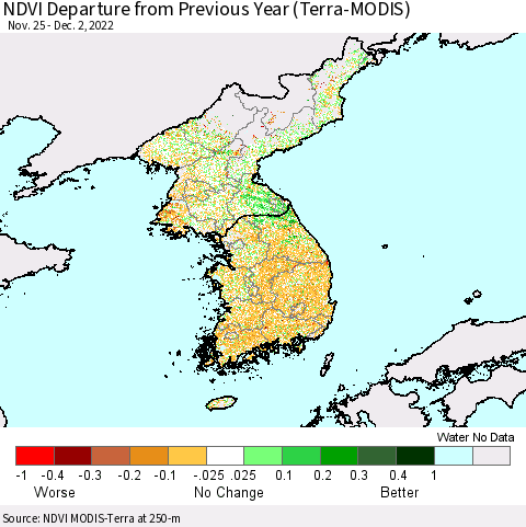 Korea NDVI Departure from Previous Year (Terra-MODIS) Thematic Map For 11/25/2022 - 12/2/2022