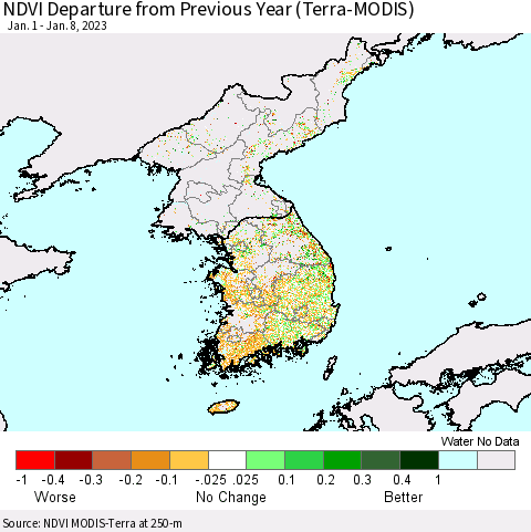 Korea NDVI Departure from Previous Year (Terra-MODIS) Thematic Map For 1/1/2023 - 1/8/2023