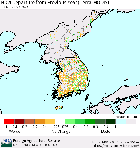 Korea NDVI Departure from Previous Year (Terra-MODIS) Thematic Map For 1/1/2023 - 1/10/2023