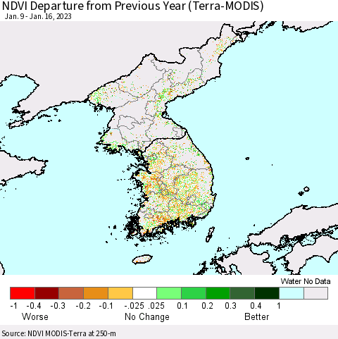 Korea NDVI Departure from Previous Year (Terra-MODIS) Thematic Map For 1/9/2023 - 1/16/2023