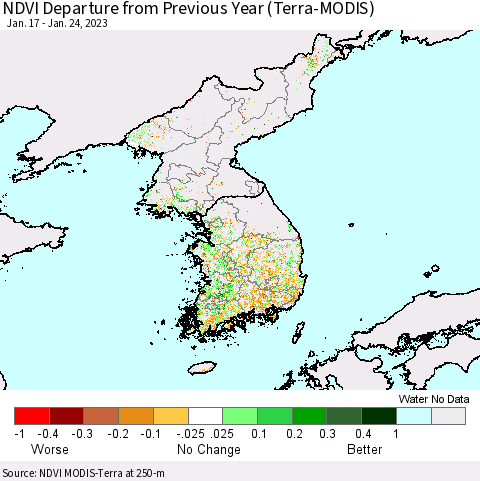 Korea NDVI Departure from Previous Year (Terra-MODIS) Thematic Map For 1/17/2023 - 1/24/2023