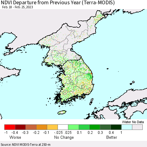 Korea NDVI Departure from Previous Year (Terra-MODIS) Thematic Map For 2/18/2023 - 2/25/2023