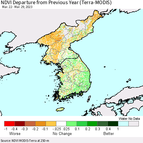 Korea NDVI Departure from Previous Year (Terra-MODIS) Thematic Map For 3/22/2023 - 3/29/2023