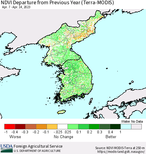 Korea NDVI Departure from Previous Year (Terra-MODIS) Thematic Map For 4/11/2023 - 4/20/2023