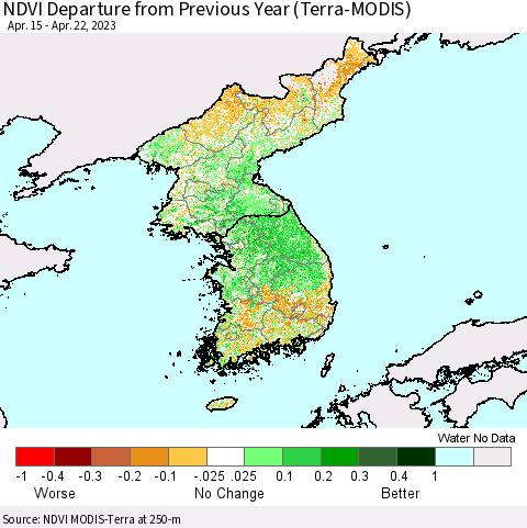 Korea NDVI Departure from Previous Year (Terra-MODIS) Thematic Map For 4/15/2023 - 4/22/2023