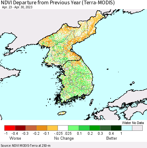 Korea NDVI Departure from Previous Year (Terra-MODIS) Thematic Map For 4/21/2023 - 4/30/2023