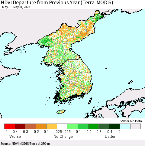 Korea NDVI Departure from Previous Year (Terra-MODIS) Thematic Map For 5/1/2023 - 5/8/2023