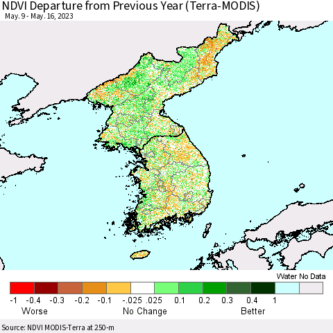 Korea NDVI Departure from Previous Year (Terra-MODIS) Thematic Map For 5/9/2023 - 5/16/2023
