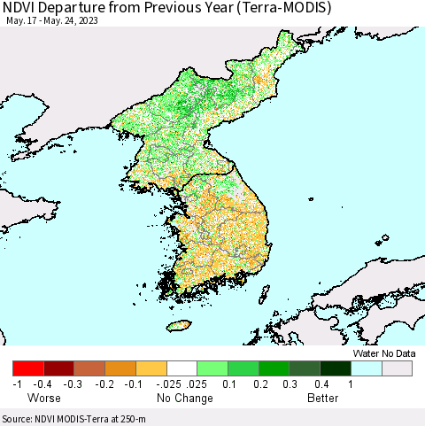 Korea NDVI Departure from Previous Year (Terra-MODIS) Thematic Map For 5/17/2023 - 5/24/2023