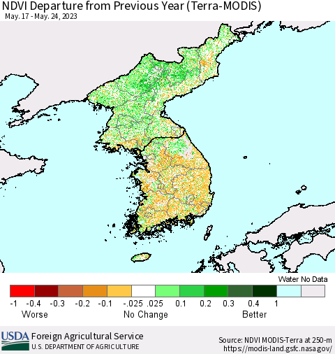 Korea NDVI Departure from Previous Year (Terra-MODIS) Thematic Map For 5/21/2023 - 5/31/2023