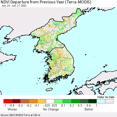 Korea NDVI Departure from Previous Year (Terra-MODIS) Thematic Map For 6/10/2023 - 6/17/2023