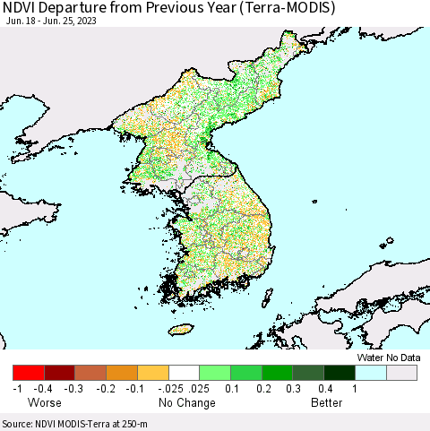 Korea NDVI Departure from Previous Year (Terra-MODIS) Thematic Map For 6/18/2023 - 6/25/2023