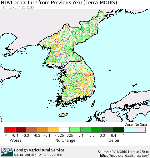 Korea NDVI Departure from Previous Year (Terra-MODIS) Thematic Map For 6/21/2023 - 6/30/2023
