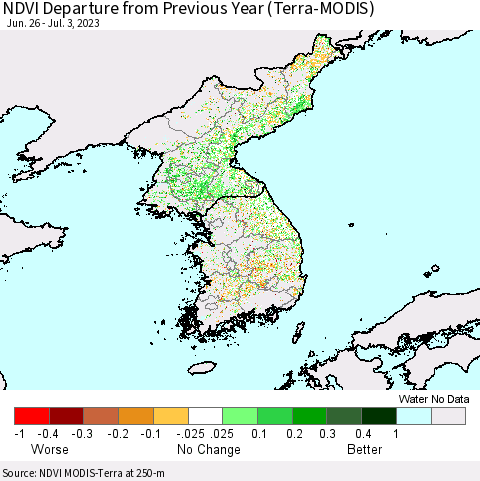 Korea NDVI Departure from Previous Year (Terra-MODIS) Thematic Map For 6/26/2023 - 7/3/2023