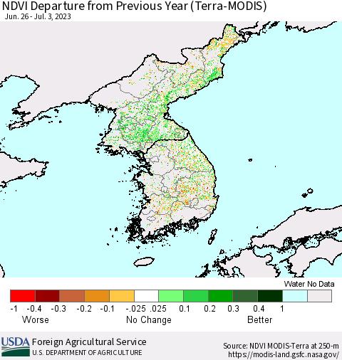 Korea NDVI Departure from Previous Year (Terra-MODIS) Thematic Map For 7/1/2023 - 7/10/2023