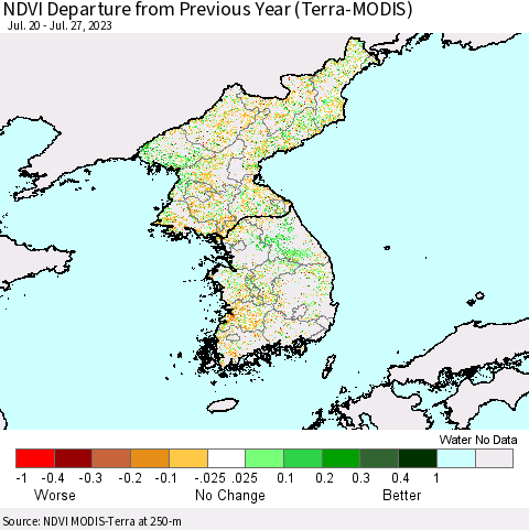 Korea NDVI Departure from Previous Year (Terra-MODIS) Thematic Map For 7/20/2023 - 7/27/2023