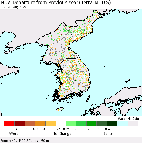 Korea NDVI Departure from Previous Year (Terra-MODIS) Thematic Map For 7/28/2023 - 8/4/2023