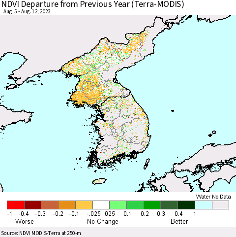 Korea NDVI Departure from Previous Year (Terra-MODIS) Thematic Map For 8/5/2023 - 8/12/2023