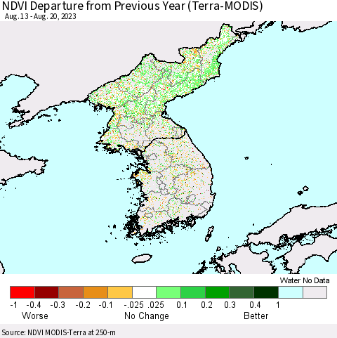 Korea NDVI Departure from Previous Year (Terra-MODIS) Thematic Map For 8/13/2023 - 8/20/2023