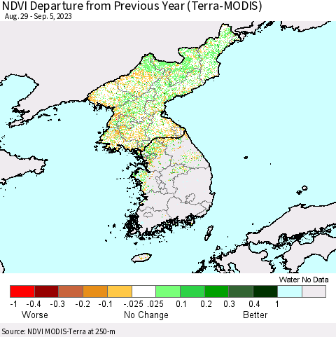 Korea NDVI Departure from Previous Year (Terra-MODIS) Thematic Map For 8/29/2023 - 9/5/2023
