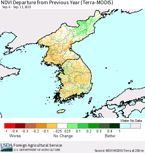Korea NDVI Departure from Previous Year (Terra-MODIS) Thematic Map For 9/11/2023 - 9/20/2023