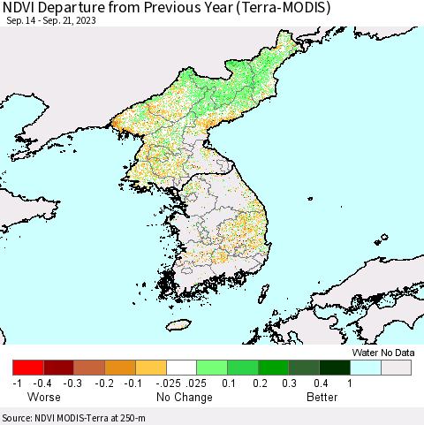 Korea NDVI Departure from Previous Year (Terra-MODIS) Thematic Map For 9/14/2023 - 9/21/2023