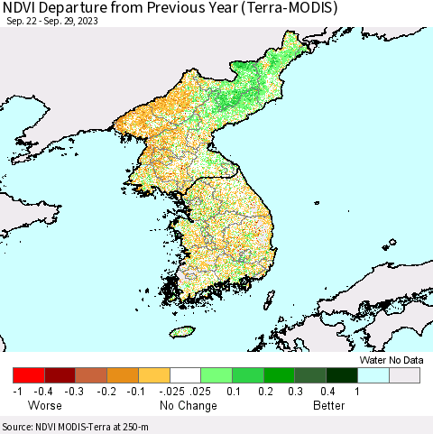 Korea NDVI Departure from Previous Year (Terra-MODIS) Thematic Map For 9/22/2023 - 9/29/2023