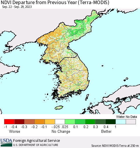Korea NDVI Departure from Previous Year (Terra-MODIS) Thematic Map For 9/21/2023 - 9/30/2023