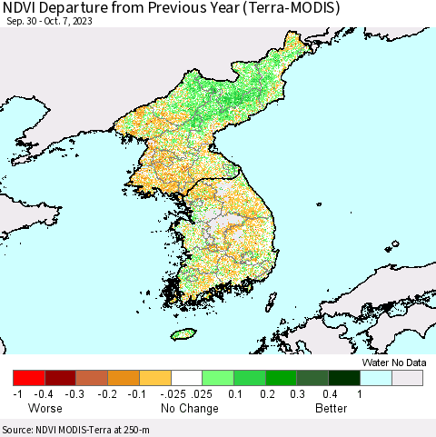 Korea NDVI Departure from Previous Year (Terra-MODIS) Thematic Map For 9/30/2023 - 10/7/2023