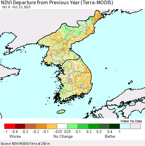 Korea NDVI Departure from Previous Year (Terra-MODIS) Thematic Map For 10/8/2023 - 10/15/2023