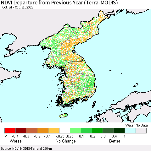 Korea NDVI Departure from Previous Year (Terra-MODIS) Thematic Map For 10/21/2023 - 10/31/2023