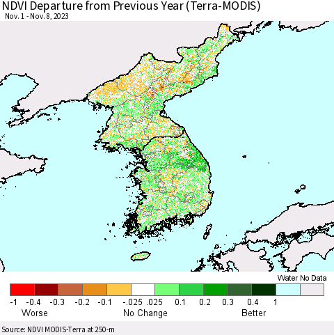 Korea NDVI Departure from Previous Year (Terra-MODIS) Thematic Map For 11/1/2023 - 11/8/2023
