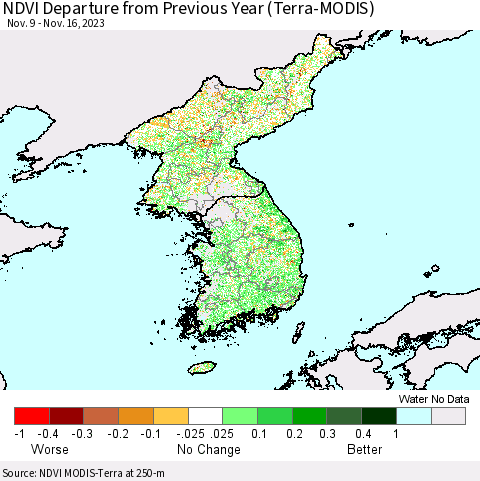 Korea NDVI Departure from Previous Year (Terra-MODIS) Thematic Map For 11/9/2023 - 11/16/2023