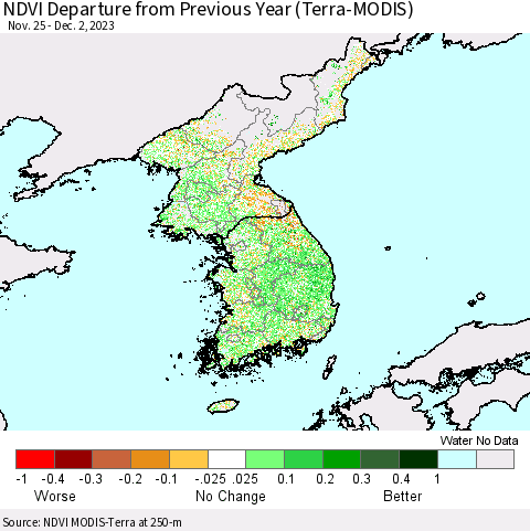 Korea NDVI Departure from Previous Year (Terra-MODIS) Thematic Map For 11/25/2023 - 12/2/2023