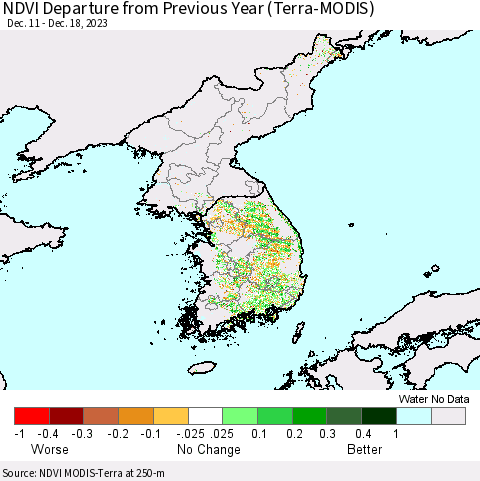 Korea NDVI Departure from Previous Year (Terra-MODIS) Thematic Map For 12/11/2023 - 12/18/2023