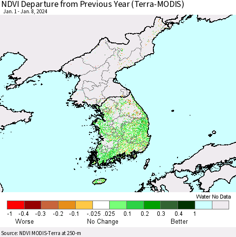 Korea NDVI Departure from Previous Year (Terra-MODIS) Thematic Map For 1/1/2024 - 1/8/2024