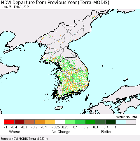 Korea NDVI Departure from Previous Year (Terra-MODIS) Thematic Map For 1/25/2024 - 2/1/2024