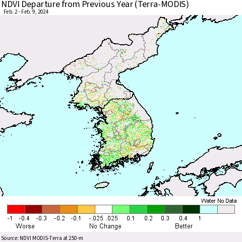 Korea NDVI Departure from Previous Year (Terra-MODIS) Thematic Map For 2/2/2024 - 2/9/2024