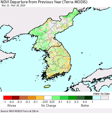 Korea NDVI Departure from Previous Year (Terra-MODIS) Thematic Map For 3/21/2024 - 3/28/2024